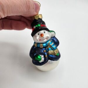 Vintage Santa's Best North Pole Snowmen Glass Ornament Blue Coat Top Hat 1999